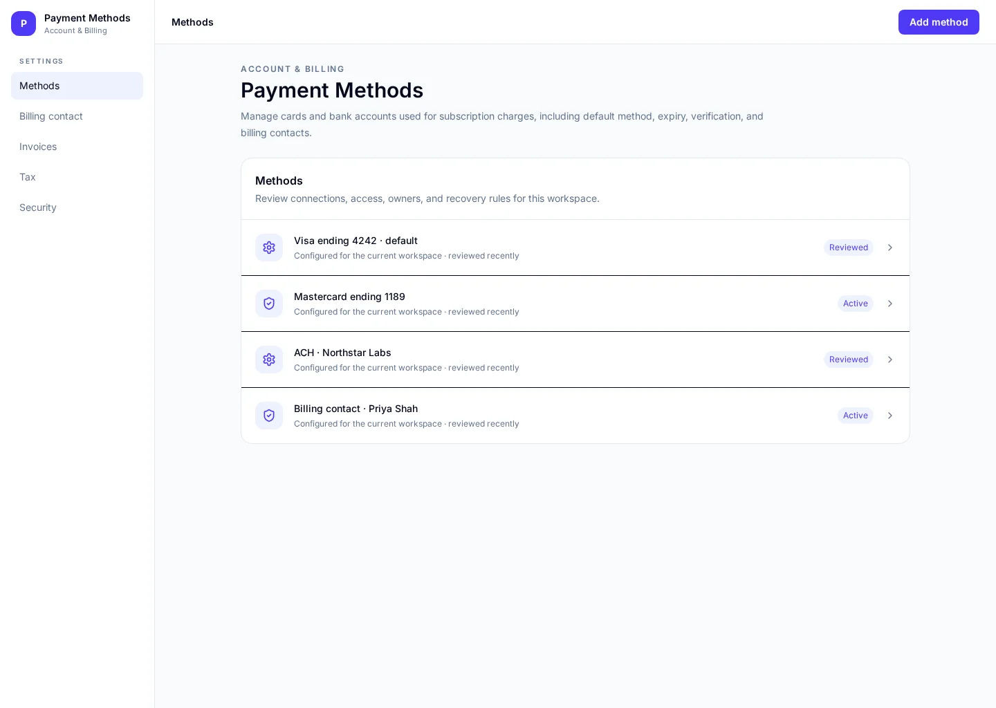 Payment Methods UI template screenshot