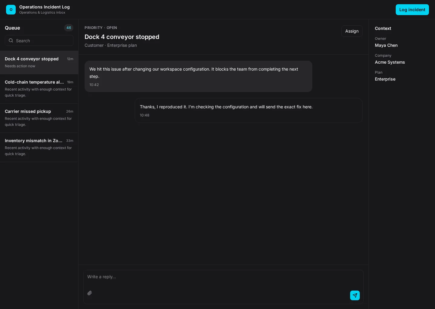 Operations Incident Log UI template screenshot