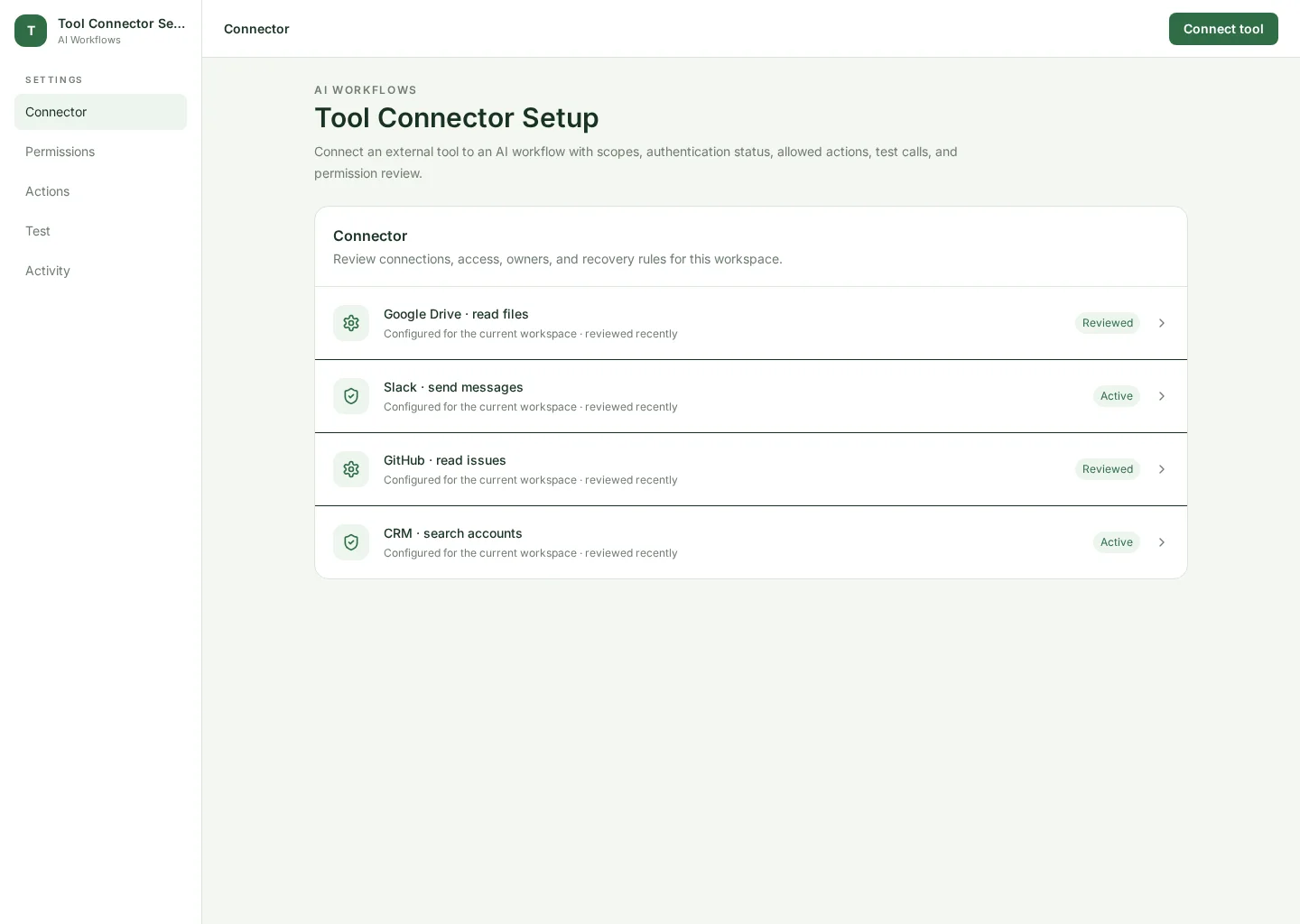 Tool Connector Setup UI template screenshot