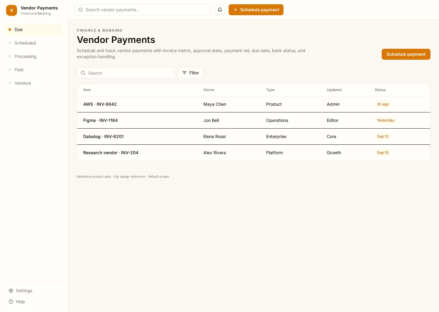 Vendor Payments UI template screenshot