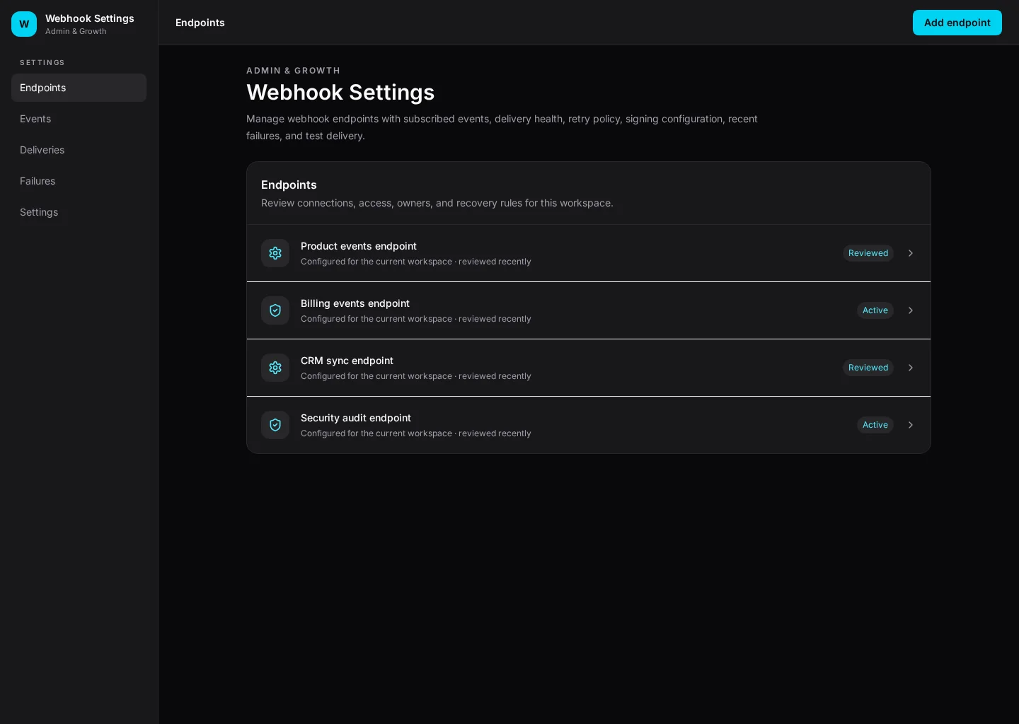 Webhook Settings UI template screenshot