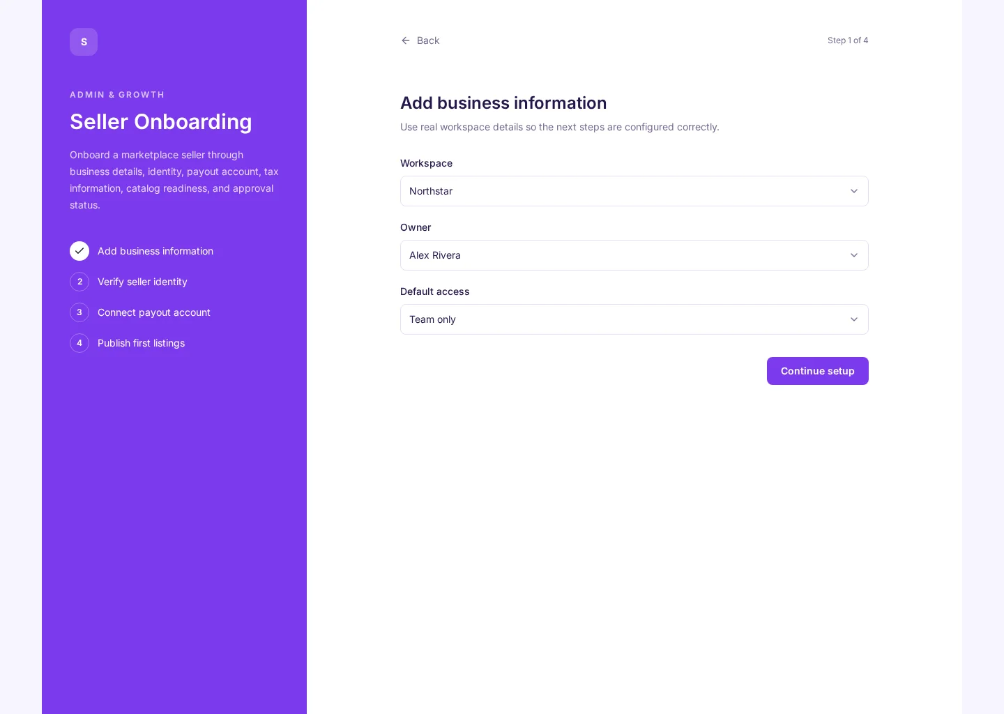 Seller Onboarding UI template screenshot