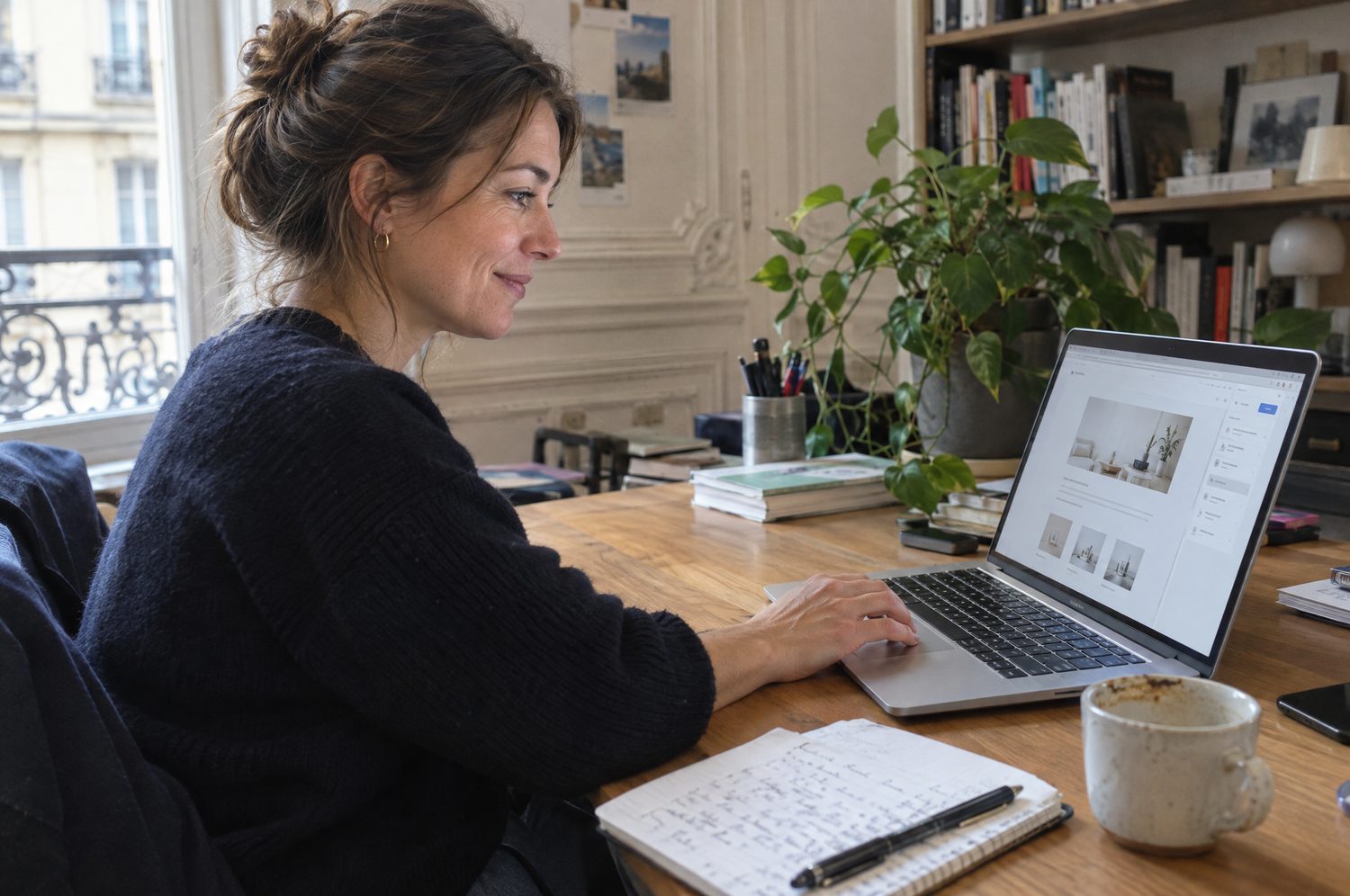 Responsable d'un cabinet parisien mettant à jour le site Webflow de son entreprise sur un ordinateur portable