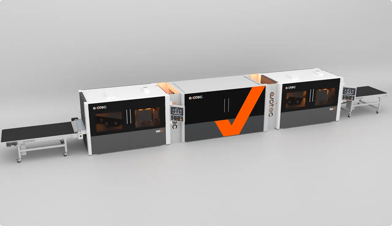 linha de acabamento Evotec integrada com duas esteiras, duas máquinas de rebarbação e um flipper