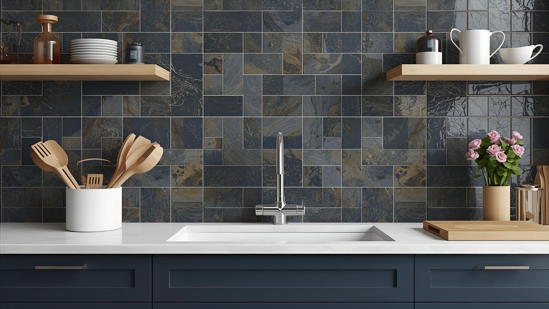 Modern bathroom with marble styled wall tiles and black tiling underneath bath