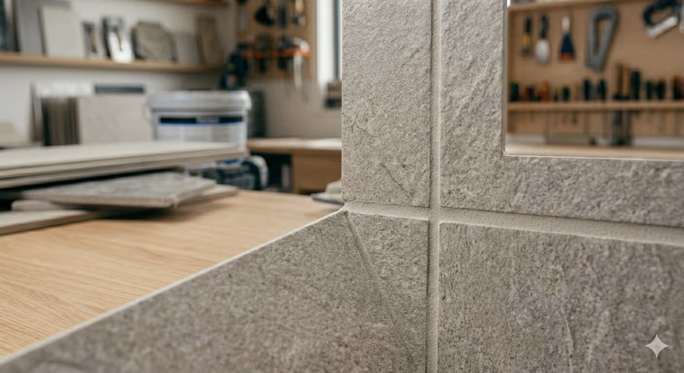 Modern bathroom with marble styled wall tiles and black tiling underneath bath