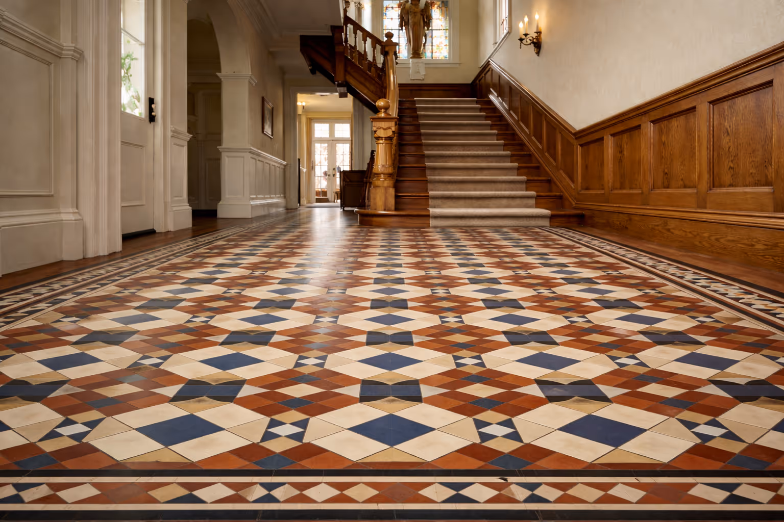 Modern bathroom with marble styled wall tiles and black tiling underneath bath