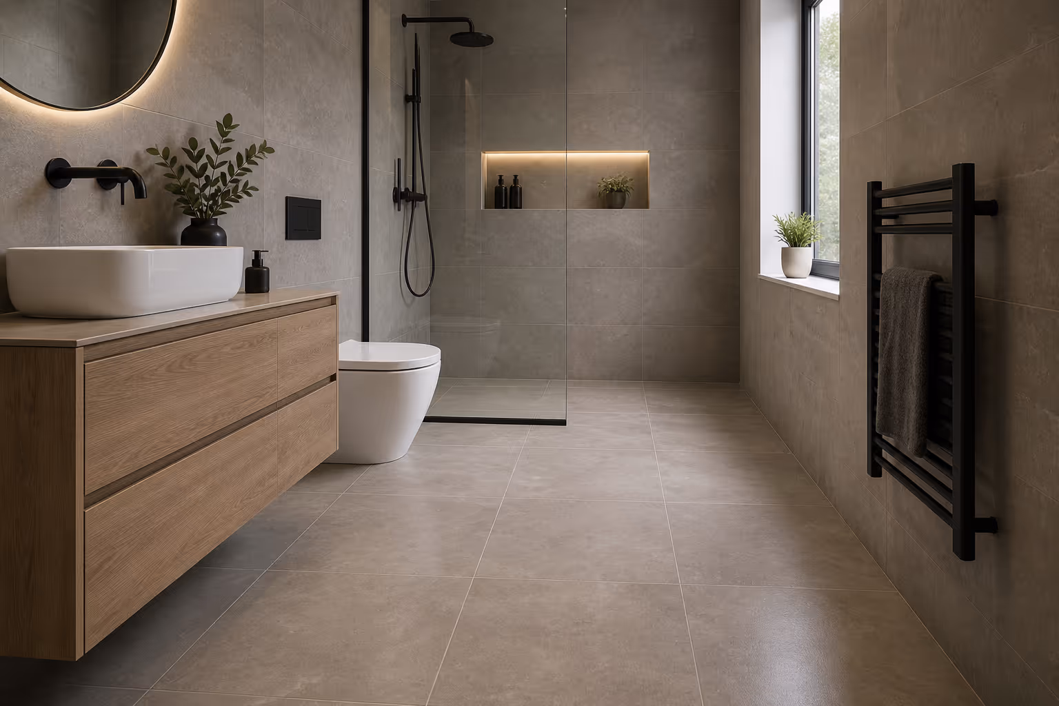 Modern bathroom with marble styled wall tiles and black tiling underneath bath