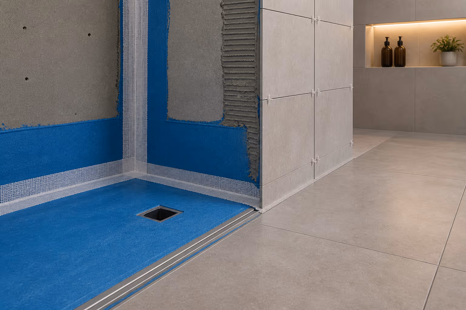 Modern bathroom with marble styled wall tiles and black tiling underneath bath