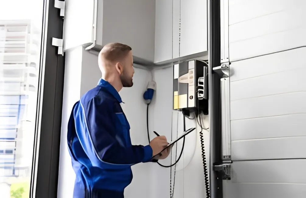Technician in blue uniform inspecting a garage door control panel and taking notes on a clipboard.