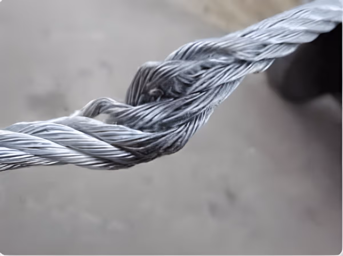 Close-up of a frayed steel cable used in a garage door system.