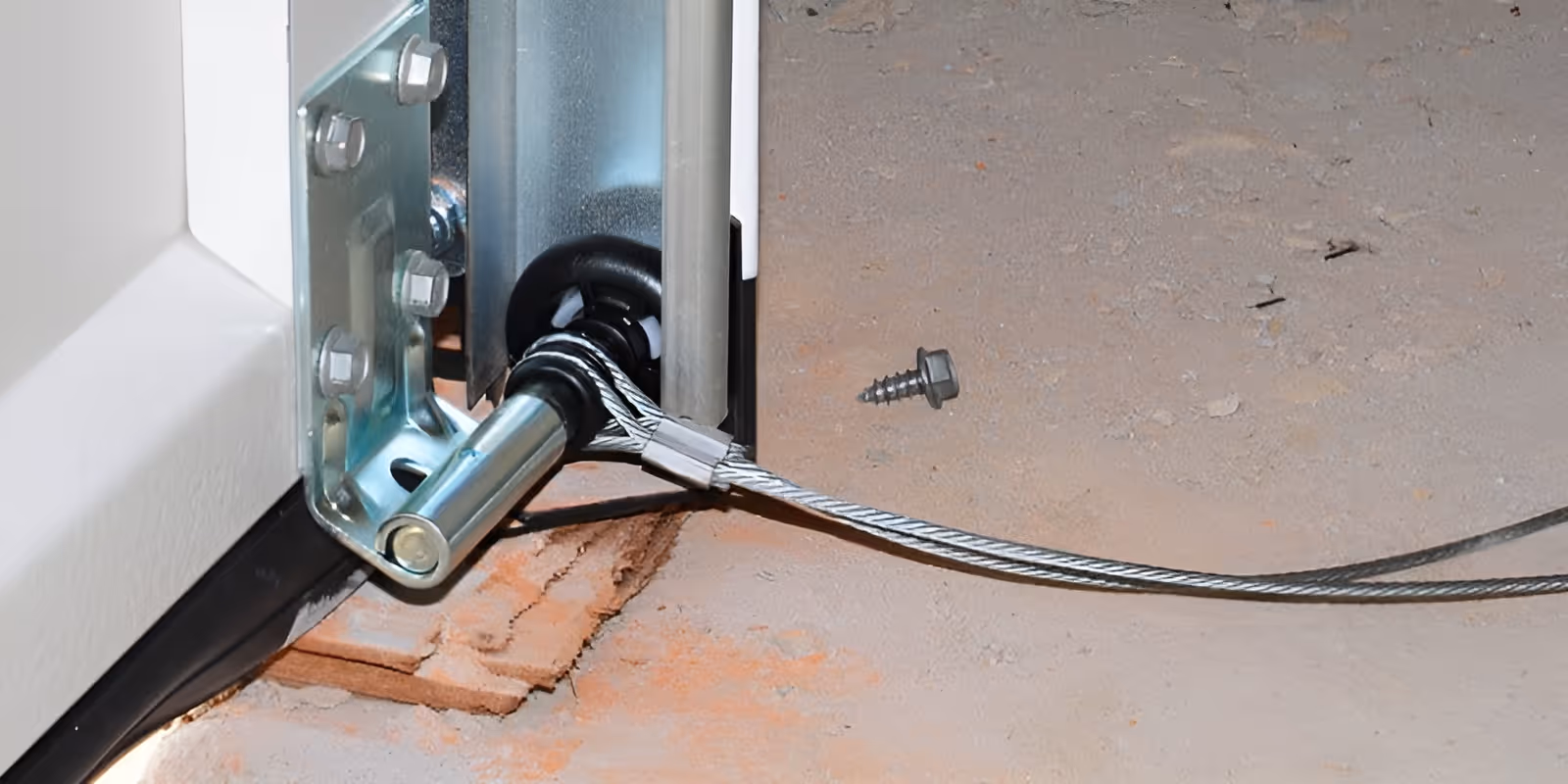 Garage door cable connected to bottom bracket, with a loose screw on the floor.
