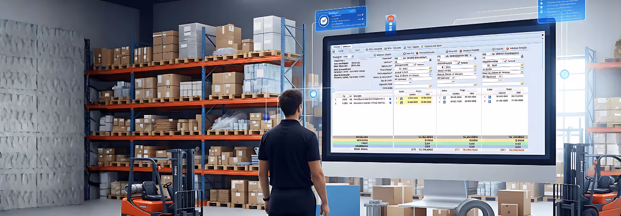Homem em depósito industrial olhando para grande tela de computador exibindo interface de gestão de inventário.