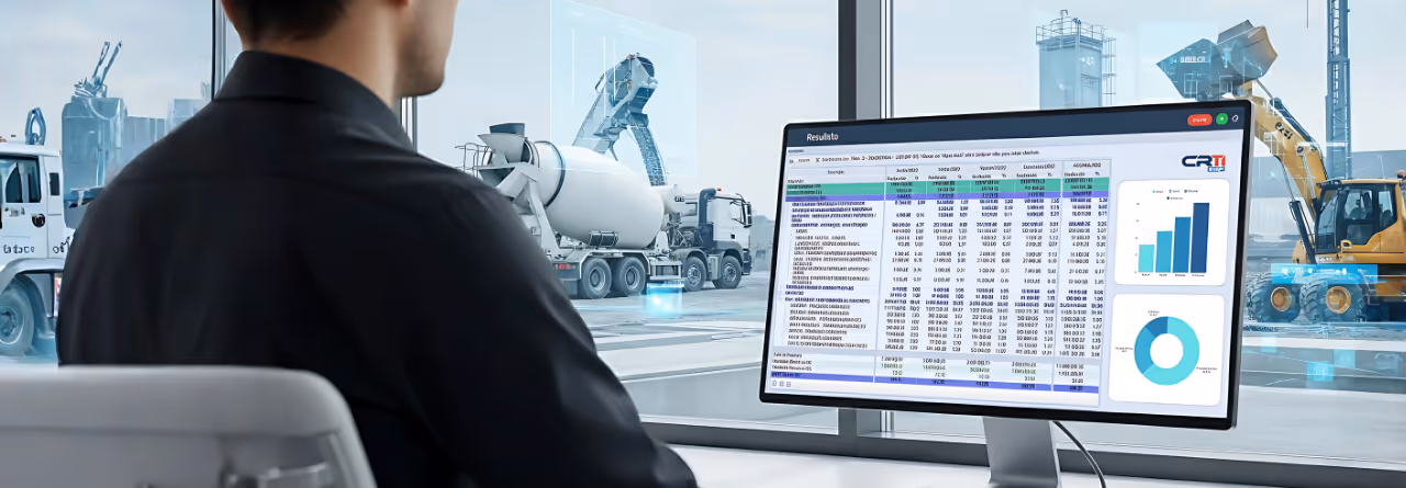 Homem sentado em uma cadeira olhando para um monitor de computador que exibe uma tabela de dados financeiros e gráficos em um ambiente industrial.