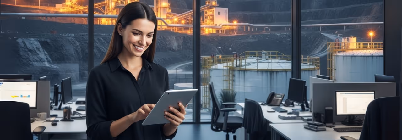 Mulher sorridente usando tablet em escritório moderno com vista para instalações industriais ao fundo.