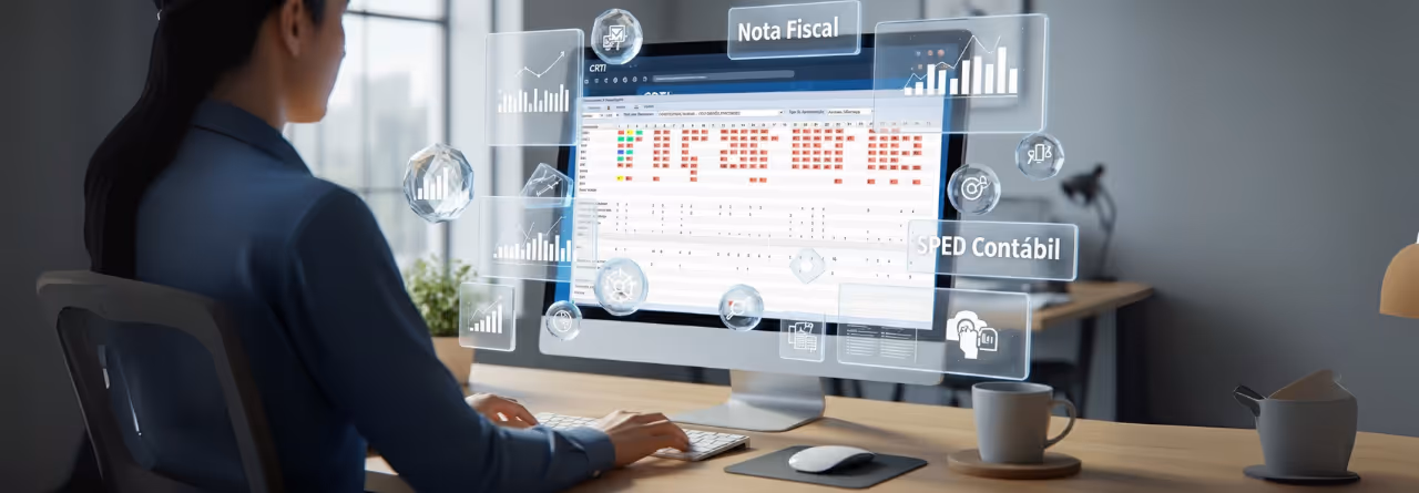 Pessoa digitando em computador com gráficos flutuantes e termos contábeis como Nota Fiscal e SPED Contábil na tela.