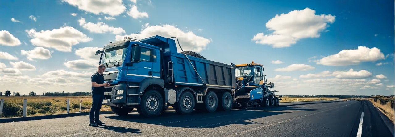 Homem segurando tablet próximo a caminhão basculante azul e máquina de pavimentação em estrada sob céu azul com nuvens.