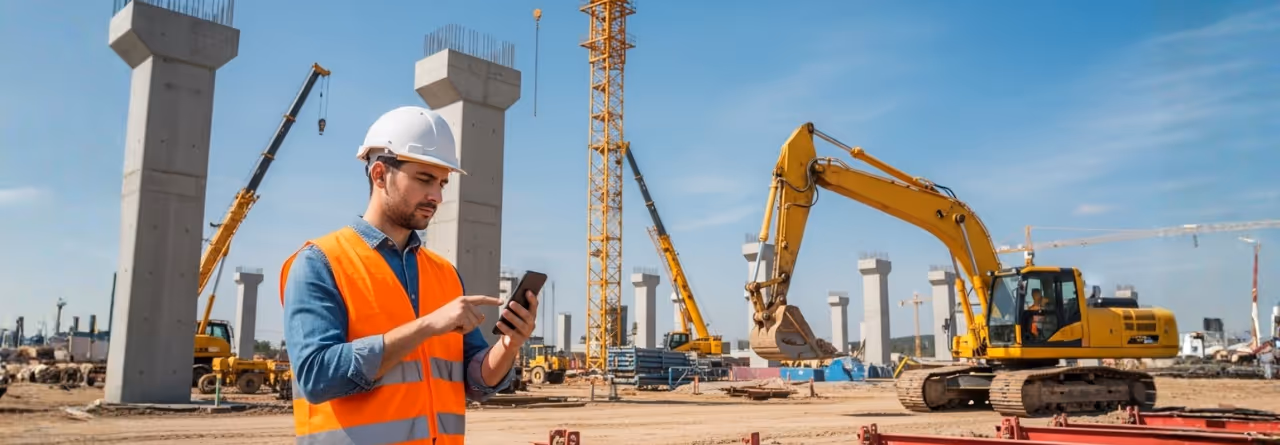 Engenheiro de construção usando colete laranja e capacete branco, olhando para celular em um canteiro de obras com escavadora e torres de concreto ao fundo.