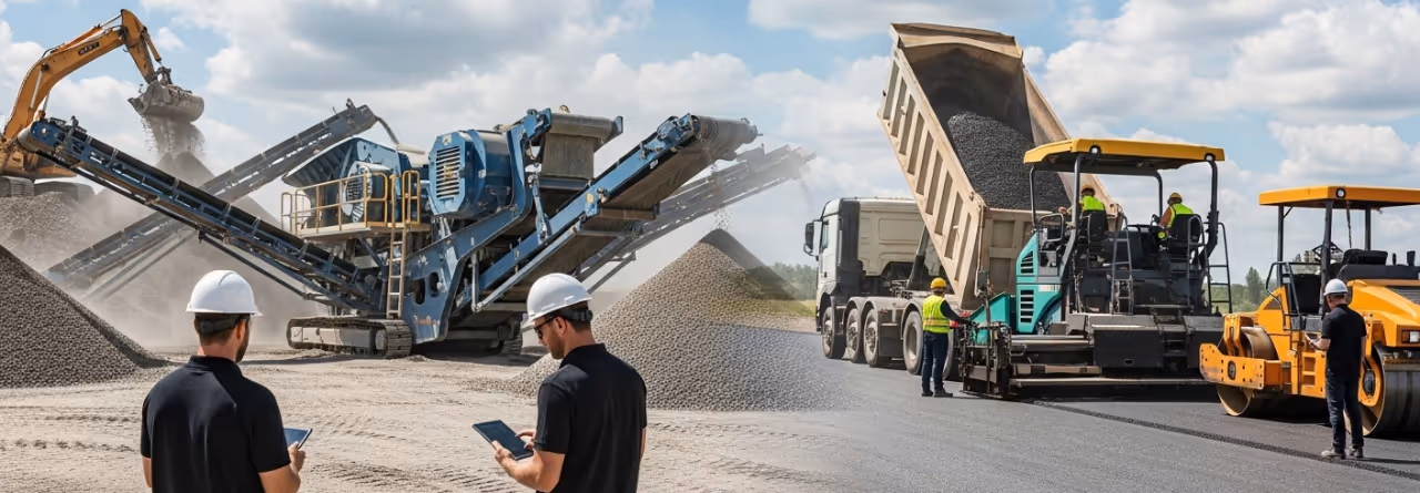Homens usando capacetes brancos e coletes analisam tablets em uma obra com máquinas pesadas e caminhão despejando material em pavimentadora.