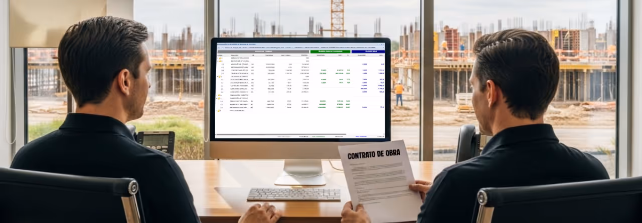 Dois homens sentados em cadeiras de escritório, um deles segurando um documento intitulado 'CONTRATO DE OBRA', com uma tela de computador mostrando planilha financeira e uma construção ao fundo.