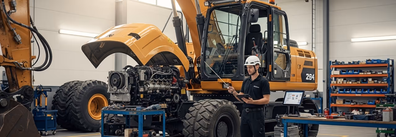 Homem com capacete branco inspecionando uma escavadeira amarela com motor exposto em uma oficina.