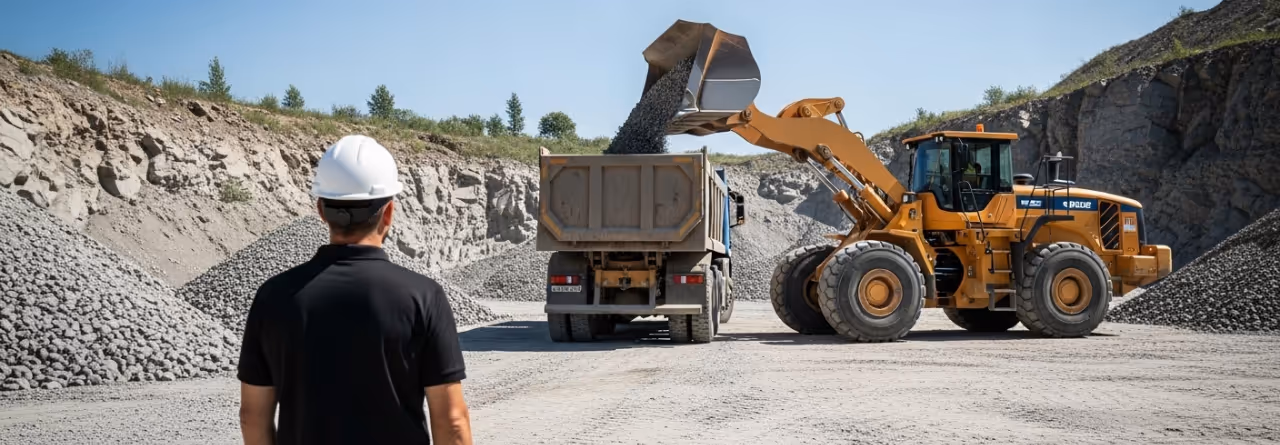 Homem de costas com capacete branco observa carregadeira amarela despejando pedras em caminhão em área de mineração ao ar livre.