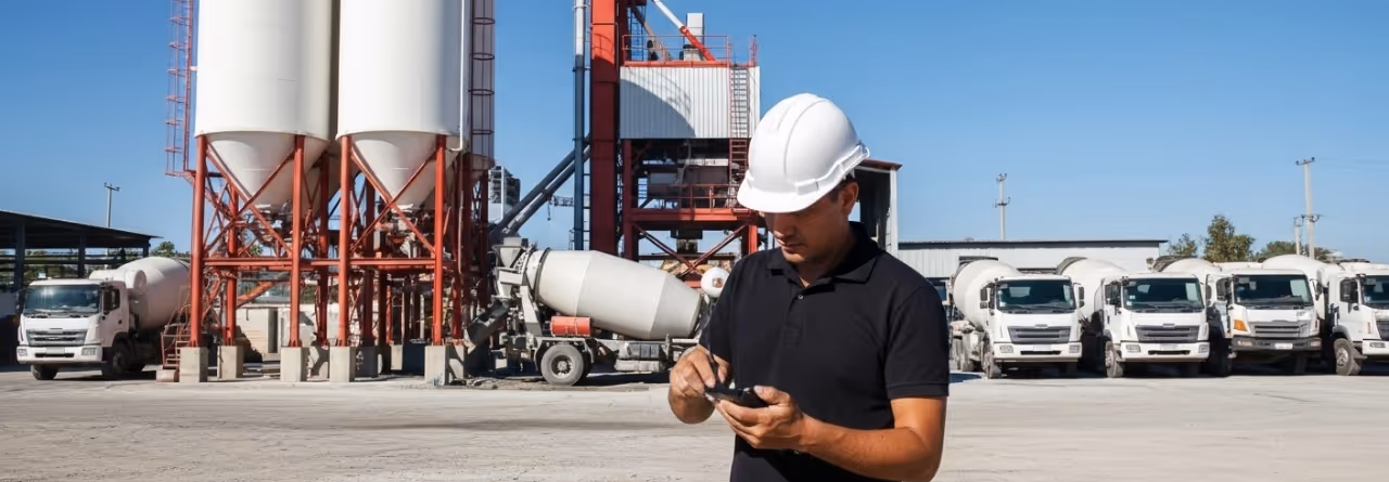 Homem com capacete branco usando um smartphone em uma usina de concreto com caminhões betoneira ao fundo.