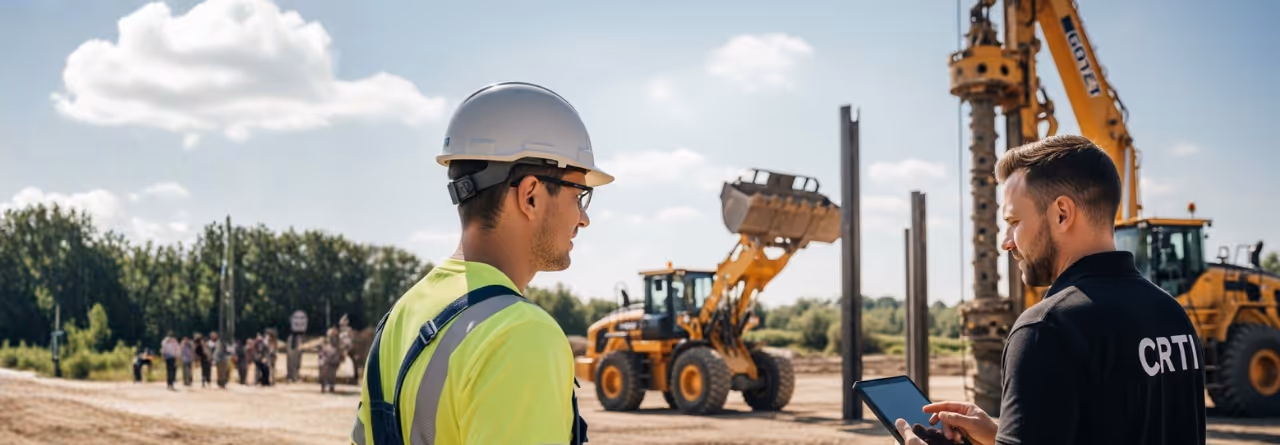 Dois homens, um com capacete e colete refletivo e outro com camisa preta, conversam em um canteiro de obras com máquinas de construção ao fundo.