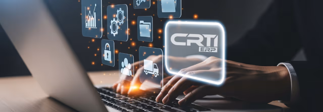 Mãos digitando em teclado de laptop com ícones flutuantes de gráficos, engrenagens, cadeado, usuários e caminhão, destacando o logo CRTI ERP.
