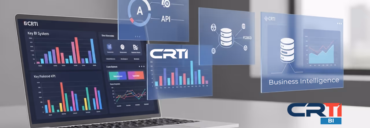 Laptop screen displaying colorful business intelligence charts and graphs with floating transparent data icons labeled CRTI and Business Intelligence.