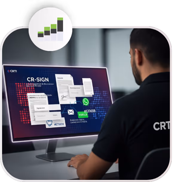 Homem usando camisa preta com logo CRTI trabalhando em computador com monitor exibindo sistema CR-SIGN para assinaturas digitais e autenticações.