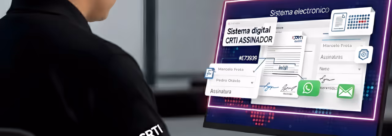 Pessoa usando sistema digital CRTI Assinador em monitor de computador, mostrando interface de assinaturas eletrônicas.