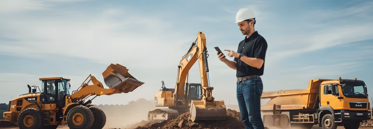 Homem com capacete branco segurando smartphone em canteiro de obras com veículos de construção amarela.