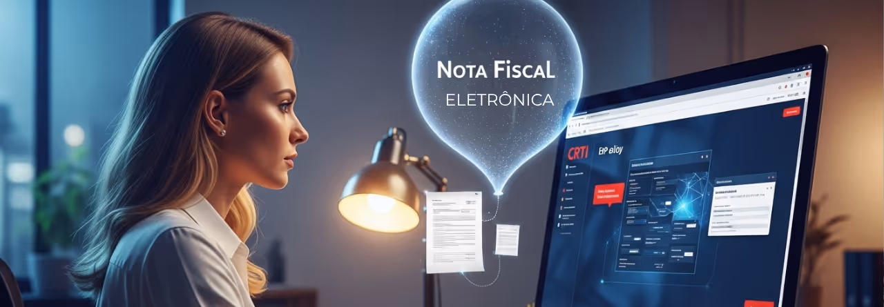 Mulher olhando atentamente para tela de computador mostrando sistema de Nota Fiscal Eletrônica com documentos digitais flutuando ao lado.