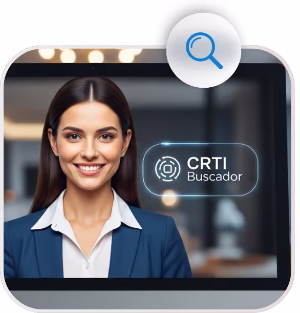 Mulher sorridente vestindo terno azul em um ambiente de escritório, ao lado do texto 'CRTI Buscador' com ícone de lupa azul.