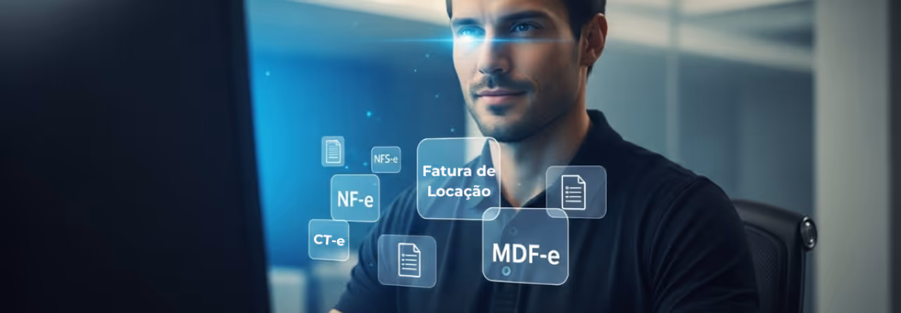 Homem olhando para uma tela com ícones flutuantes de documentos fiscais digitais como NF-e, CT-e, NFS-e, Fatura de Locação e MDF-e.