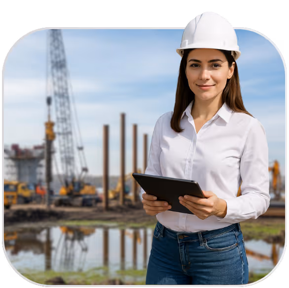 Mulher engenheira usando capacete branco segurando um tablet em um canteiro de obras ao ar livre.