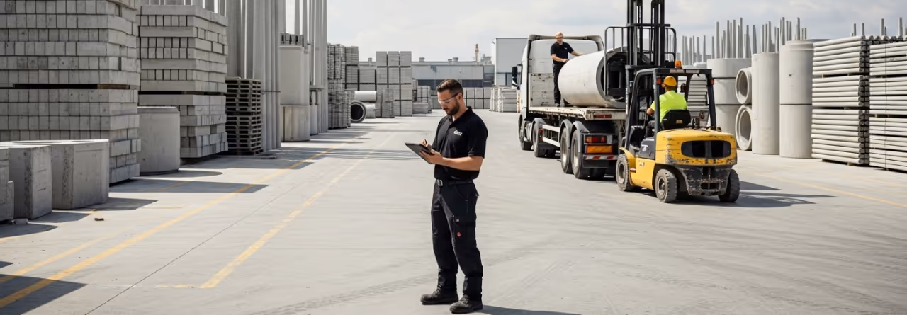 Funcionário conferindo dados em tablet enquanto empilhadeira carrega cilindro de concreto em caminhão, área externa de armazenamento de pré-moldados.