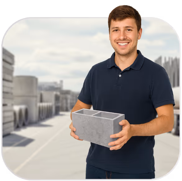 Homem sorridente segurando um bloco de concreto em uma fábrica de pré-moldados.