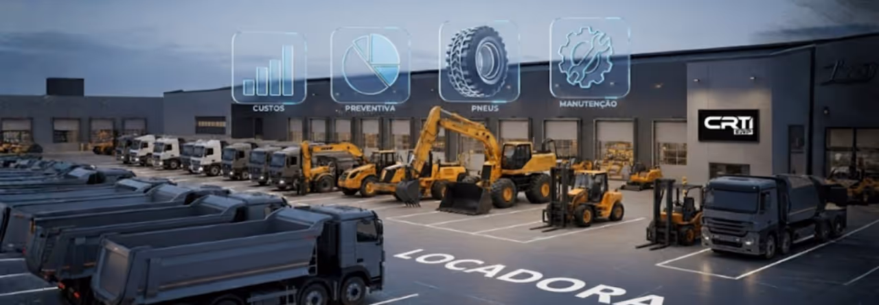 Pátio de locadora de equipamentos com caminhões, escavadeiras e empilhadeiras estacionados em frente a um galpão industrial ao anoitecer.