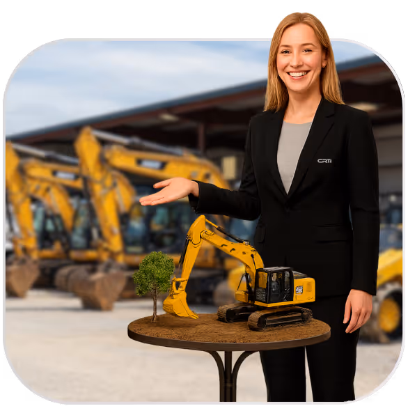 Mulher sorridente em terno preto apresentando uma maquete de escavadeira amarela e uma árvore em uma mesa redonda, com escavadeiras reais ao fundo.