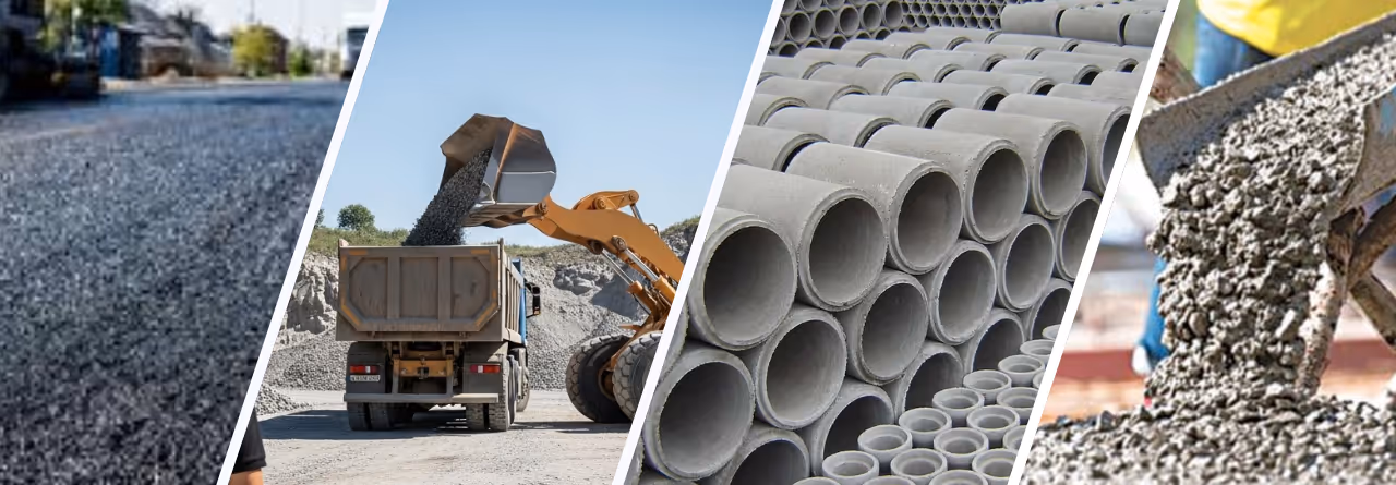 Quatro imagens divididas mostrando pavimentação asfáltica, carregadeira despejando cascalho em caminhão, tubos de concreto empilhados e concreto sendo despejado.