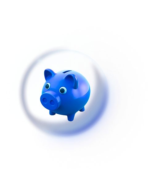 Blue 3d piggybank floating inside of a bubble.