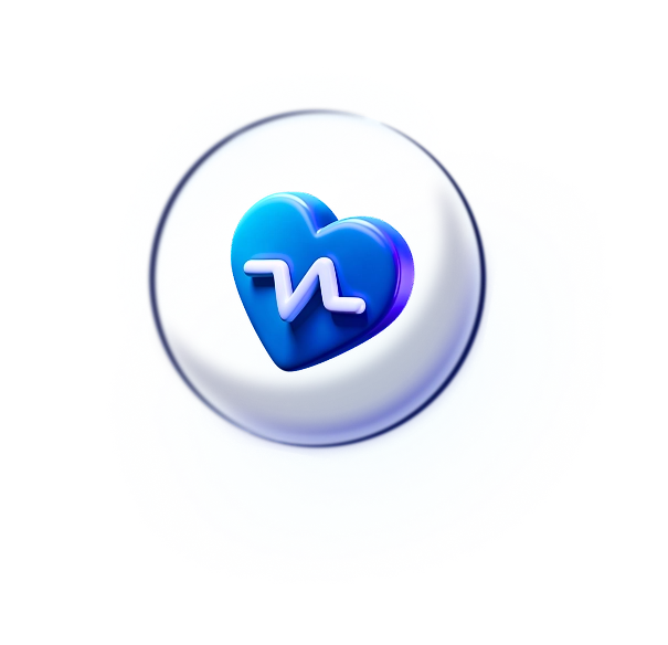 Blue heart with a white symbol for a heartbeat (jagged uo and down line you would see in a hospital pulse reader) floating inside of a bubble