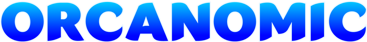 Capitalized text reading ORCANOMIC with a white outline stroke and a light blue to dark blue color gradient fill