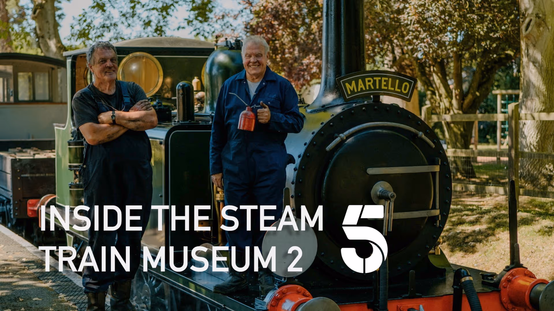 Two Bressingham steam museum volunteers stand by a steam engine, one with arms folded and one holding an oil can, text on image says "Inside the steam train museum" and the channel 5 tv logo is next to it. 