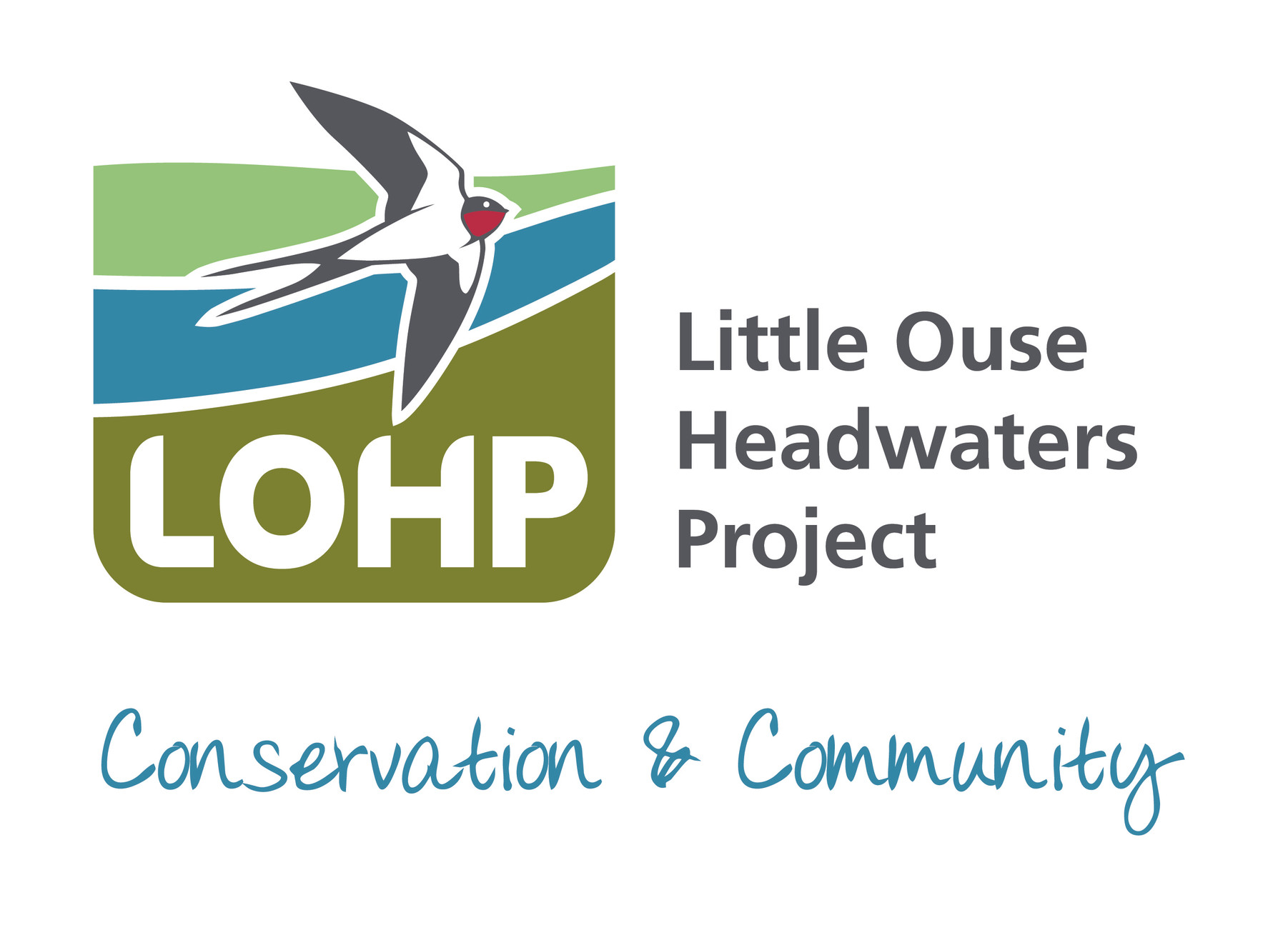 LOHP Logo with a flying swallow over green and blue background with text 'LOHP Little Ouse Headwaters Project' and handwritten style text 'Conservation & Community'.