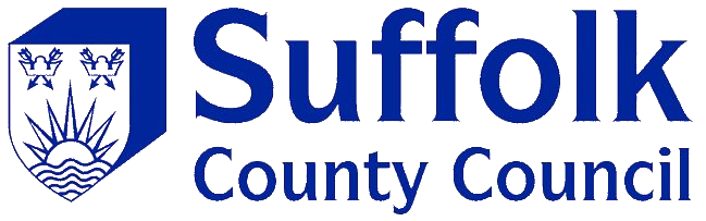 Suffolk County Council logo with blue stylised shield and bold text.