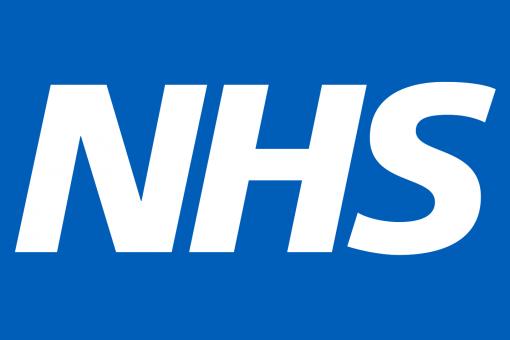 NHS logo with bold white letters on a blue background.