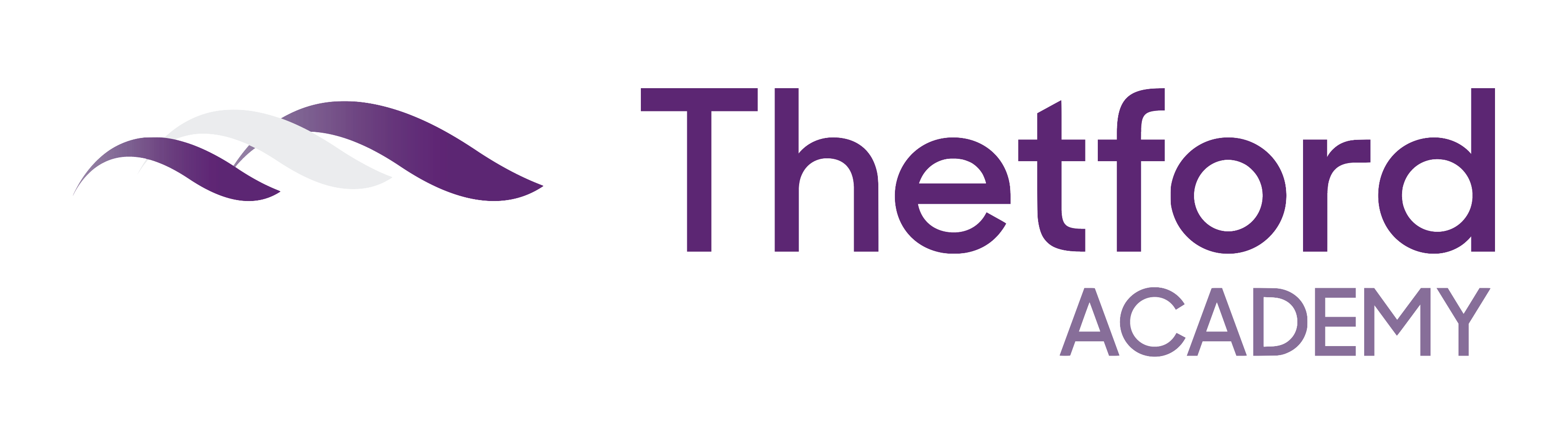 Thetford Academy logo with three purple and white curved wave shapes to the left and the text 'Thetford Academy' in purple to the right.